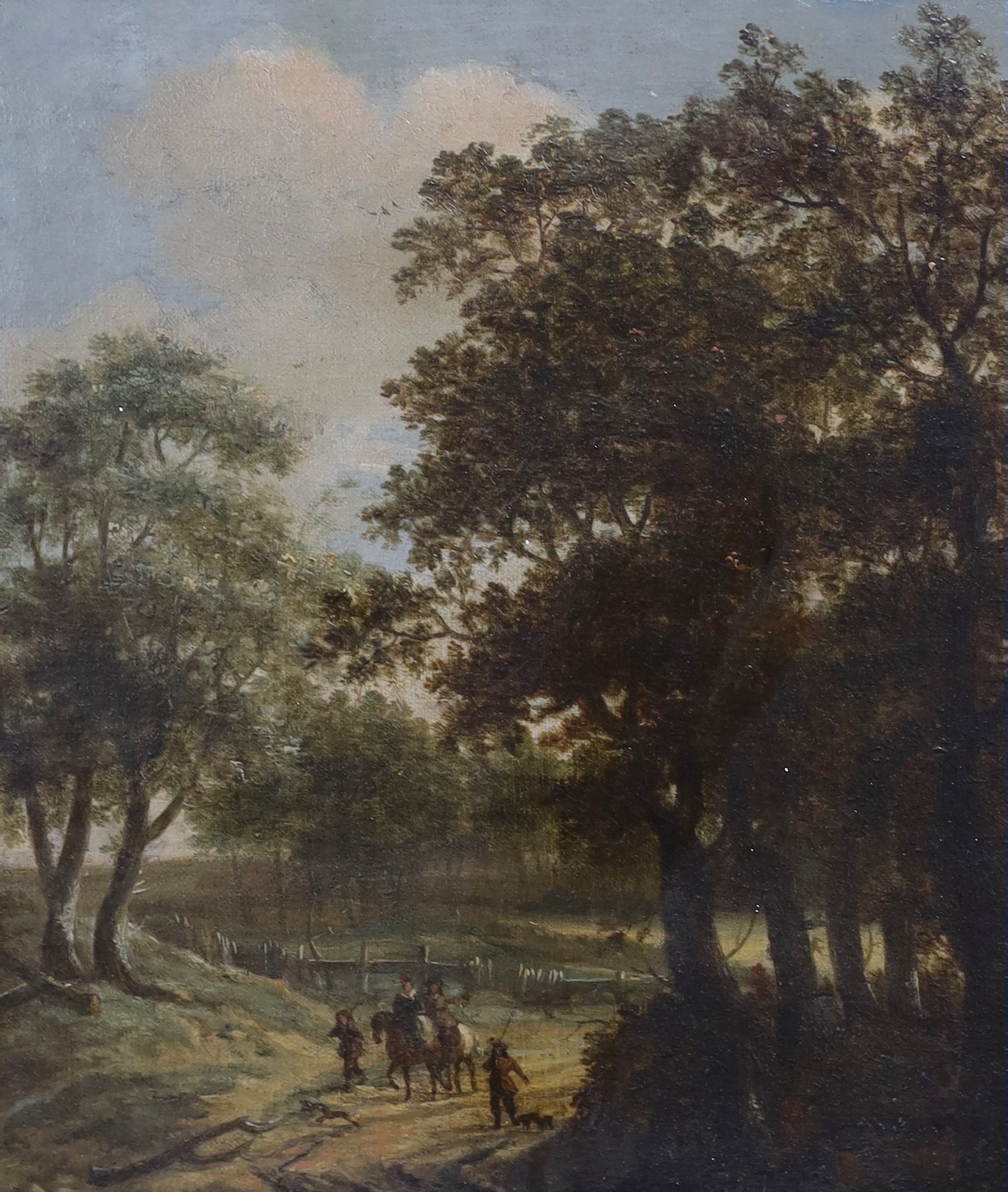 Early 19th century Continental School, pair of oils on canvas, Travellers on woodland tracks, 32 x 27cm